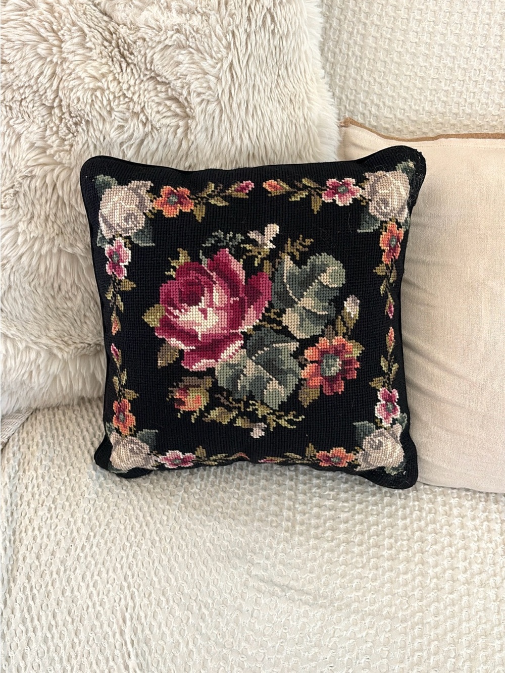 Floral Needlepoint Throw Pillow in Black with Pink Rose